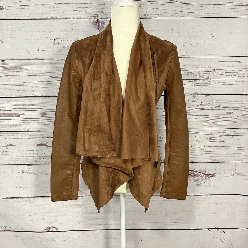 BLANKNYC Leather Jacket Womens Sz Small Brown Draped Moto‎ Asymmetrical Zip